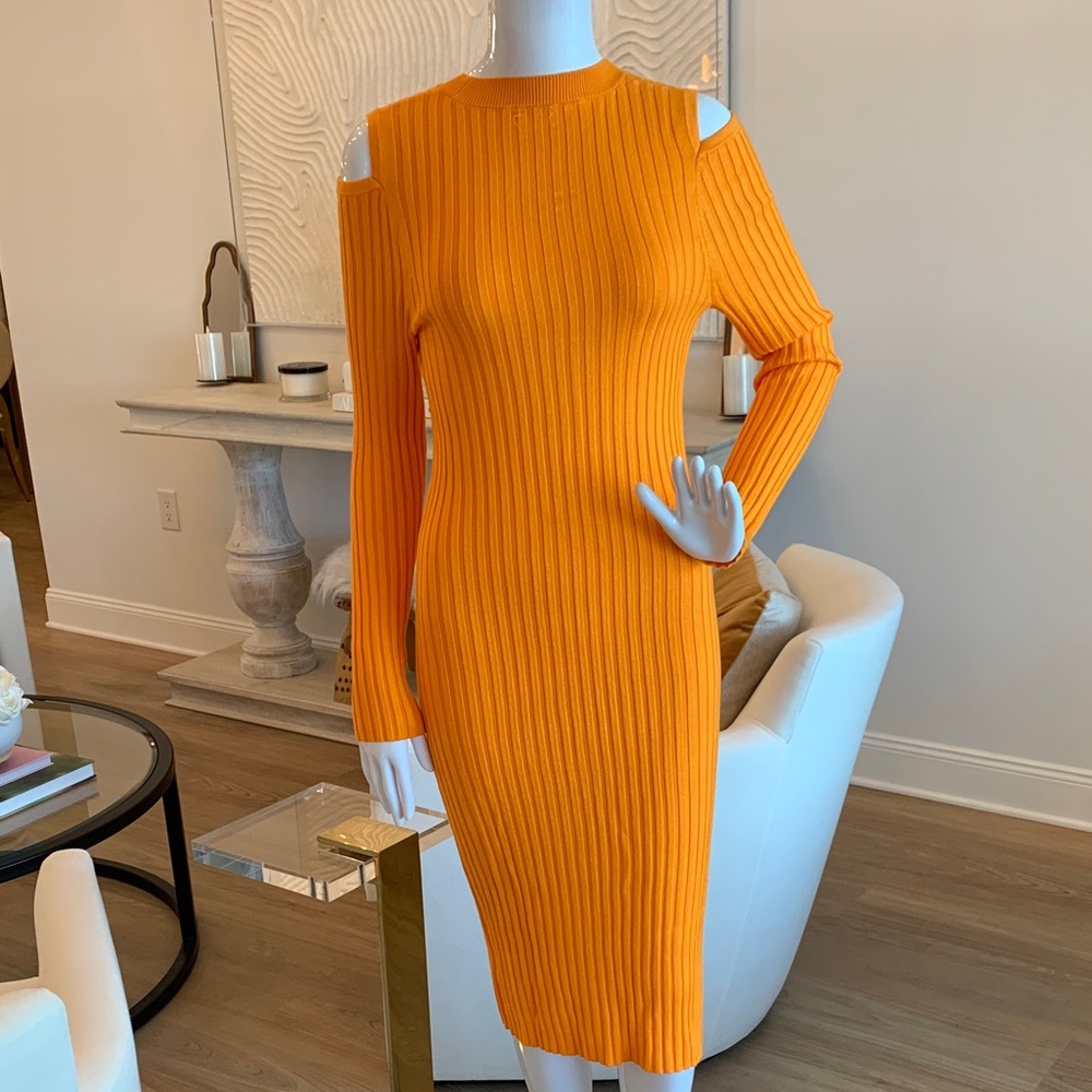 Vibrant Orange Cold Shoulder Knit Dress